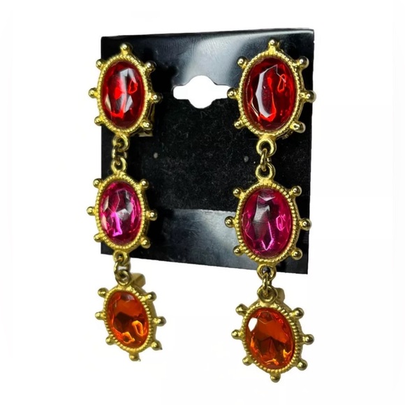 VTG Gerard Yosca Gold Tone Clip On Crystal Etruscan Byzantine Dangle Earrings - Picture 3 of 6